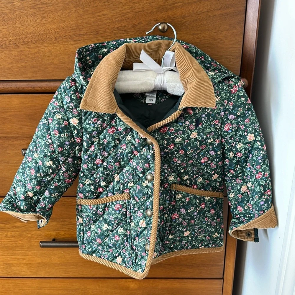 Ralph Lauren Green Floral Quilted Hooded Jacket with Tan Trim